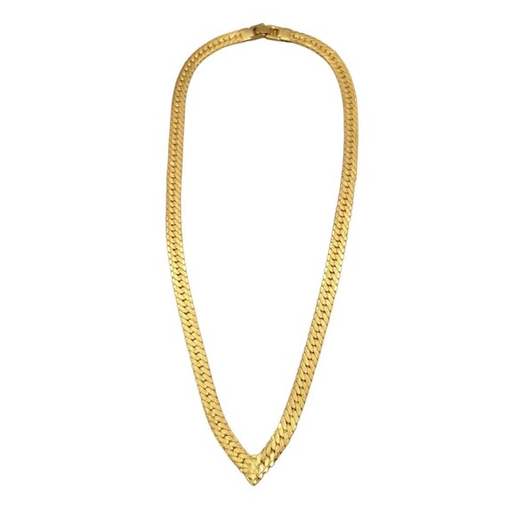 Herringbone Necklace Gold Tone Stationary Tie-Shaped Pendant Vintage Fold Clasp - Picture 6 of 6